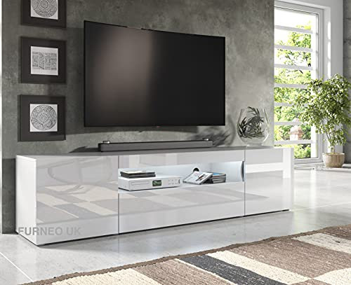 Furneo 200cm Long TV Stand Unit Cabinet Matt & High Gloss White Clifton08 White LED Lights