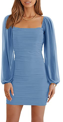 Wenrine Damen Kleider Party Cocktail Club Bodycon Kleid Hochzeitsgast Mesh Langarm Square Neck Minikleid Slim Fit(Hellblau,M)