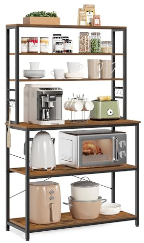 VASAGLE Estantería de Cocina, Estantería de Panadería, 6 Estantes y 6 Ganchos, para Microondas, Marco de Acero, Industrial, 40 x 100 x 167 cm, Marrón Rústico y Negro Tinta KKS039K01