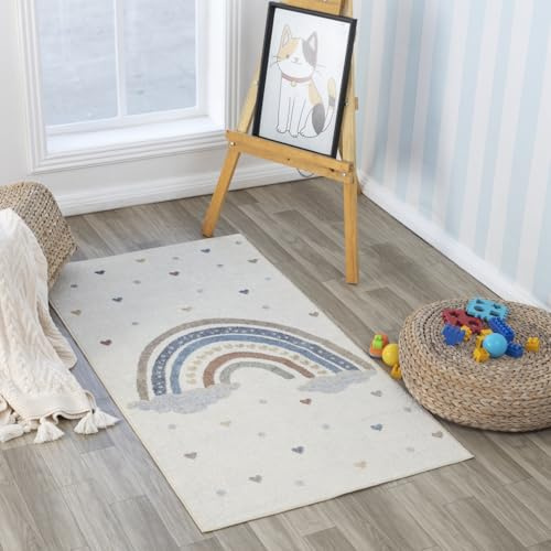Livabliss Raini-bow Washable Kids Rug – Children's Bedroom 80x150cm | Machine Washable Animal Carpet for Girls & Boys Playroom, Nursery | Cream