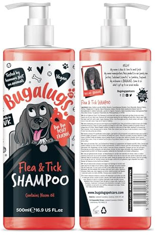 Flea and Tick Dog Shampoo by Bugalugs, Works on Smelly Puppies & Dogs, Contains Neem Oil PH Balanced Vegan Used by Professional Groom (Shampoo 500ml)