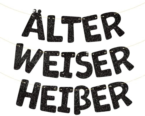 BETESSIN Geburtstagsgirlande Schwarz Glitzer - Älter Weiser Heißer - Lustige Girlande zum 40/50/60/70/80 Geburtstag - Geburtstagsbanner aus Papier - Geburtstagsdeko für Frauen und Männer