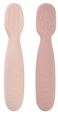 Béaba, set med 2 babyskedar i första åldern, silikonbestick, från 4 månader, ergonomisk form, olika texturer, ergonomiskt handtag, pappaskägg/marshmallow