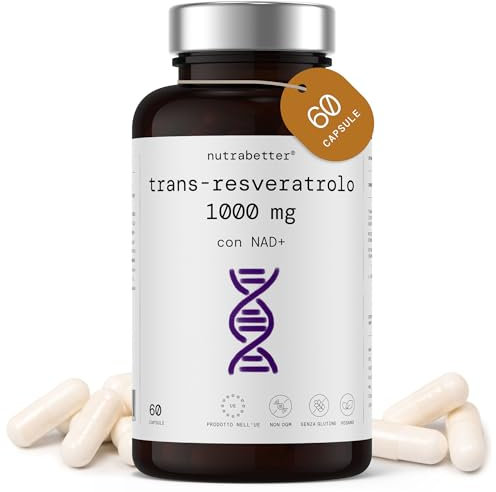 Trans Resveratrolo 1000 mg con NAD+ 50 mg | NAD Resveratrolo | Anti-invecchiamento, Vitalità Cellulare, Benessere Cognitivo, Attivatore delle Sirtuine | 60 Capsule Vegane | nutrabetter®