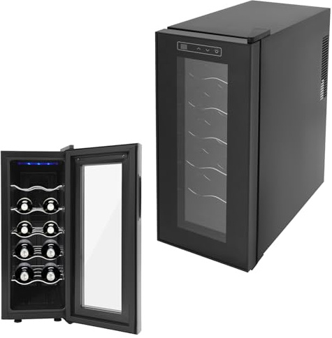DHQCQL Refrigerador para vinos, 33 litros, vitrina con luces LED y puerta de cristal para 12 botellas, armario de clima de vino de 12-18 °C para hogares, oficinas, hoteles, bares, buen regalo