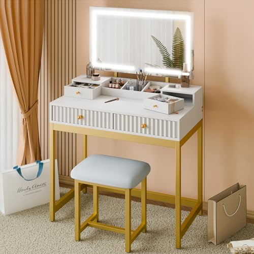 Mondeer Schminktisch mit Spiegel und Hocker, Schlafzimmer Frisiertisch mit 3 Farben LED-Beleuchtung 2 Schubladen 2 Schmuckkasten und 3 offenen Fächern, für Schlafzimmer, Weiß und Gold