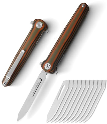 Mini Slim Folding Scalpel，Scalpel Pocket Knife with 10pcs #60 Replaceable Razor Blades,G10 Handle EDC Utility Knife with Liner Lock,Pocket Clip，Surgical Knives for Outdoor Skinning
