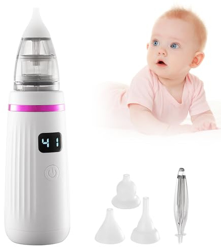 Aspirador nasal eléctrico para bebé, aspirador nasal para bebé, con 3 puntas de silicona y pinzas, limpiador nasal recargable para recién nacidos, niños pequeños, bebés (lila + blanco)