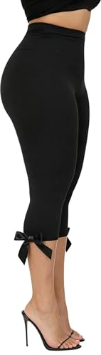 Betrodi Women Skinny Capri Leggings Bow Trim Knee Length Capris Pants Workout Sexy Stretch Slim Fitted Cropped Leggings (Basic Black, M)