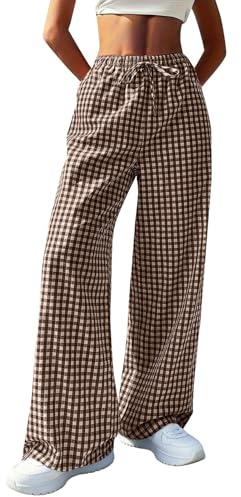 Dam breda ben byxor hög midja raka ben rutiga palazzo byxor sommar lätta rutiga byxor smarta vardagliga byxor säckiga lös passform pyjamasbyxor med fickor, Khaki, XXL