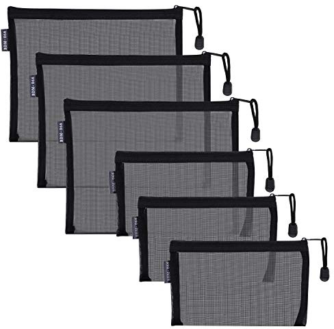 HRX Package Nylon Mesh Cosmetic Zipper Bags, 6PCS Black Makeup Pouches Travel Organizer Case for Purse Diaper Bag (A5 x 3pcs, A6 x 3pcs)