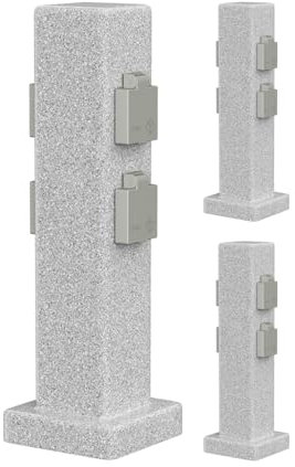 ledscom.de 3 Stück Garten Steckdosensäule Pock für außen, IP44, 4-Fach, grau (Stein-Optik), eckig, 40 cm
