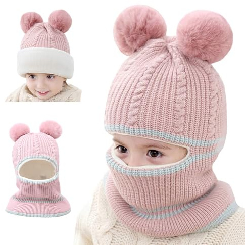 crazy bean Gorro para Niño Niña Bebé Invierno Gorros Y Bufandas Orejera Bebe 3 En 1 para Mantener El Calor Pasamontañas de Punto Acolchado para Niños De 2-9 Años Rosa