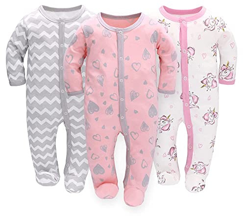 Miracle Baby 3 pièces bébé barboteuses bébé pyjama sac de couchage en coton avec pieds avec boutons Gr. 56 62 68 pour nouveau-né filles