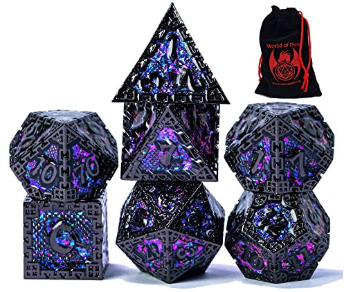 World of Dice - Metallwürfel-Set - Dragon Siege, polyedrische DND-Würfel, mit Würfelbeutel, D20 bis D6, für Dungeons and Dragons, DSA, UVM. (Black Magic)