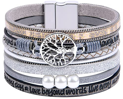 Aucuu Leder Armband mit Perlen - Multilayer Boho Baum des Lebens für Frauen - Magnetschnalle - Valentinstag, Muttertag, Geburtstag, Geschenke