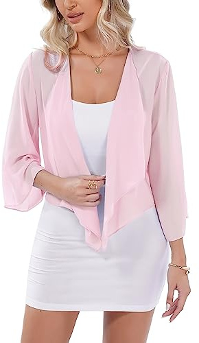 Aottori Pink Chiffon Bolero Cardigans for Women UK Ladies Summer 3/4 Sleeve Cropped Shrugs Shawl Jackets Casual Evening Wedding Light Pink XL