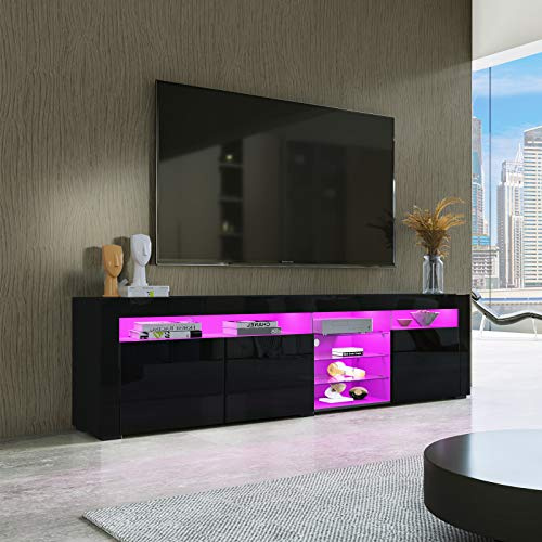 Modern TV Stand for Living Room with LED Lights 3 Doors Storage, High Gloss Black TV Stand, TV Entertainment Center for Home Furniture, Television Stands 180cm