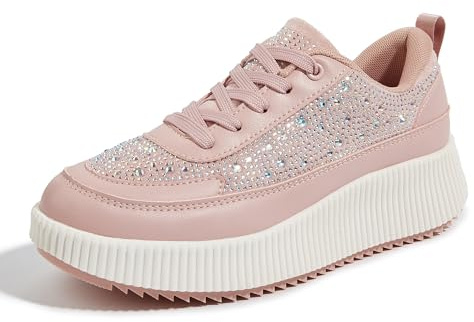 LUCKY STEP Women's Platform Sneakers Sparkly Tennis,Pink Rhinestone,7