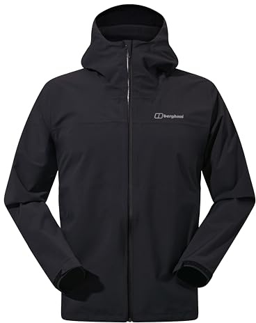 Berghaus Men's Arnaby Lightweight Stretch Waterproof Hooded Jacket | Breathable | Lightweight Rain Coat Waterproof Jacket, Black/Black, XL