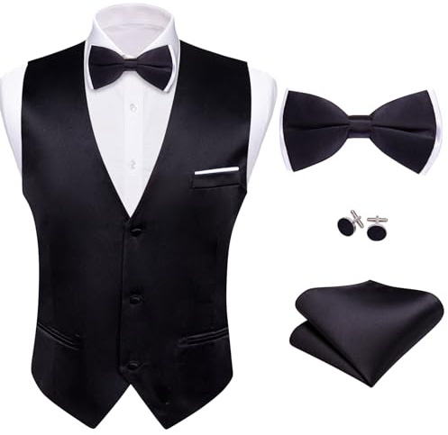 Barry.Wang Mens Black Formal Suit Vest V-neck Slim Fit Casual Party Waistcoat Bowtie Set for Meeting