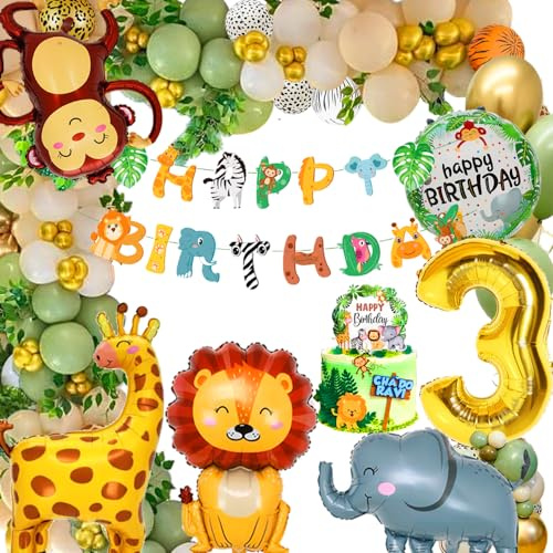 Decorazione di compleanno 3 anni, per bambini e bambine, motivo: giungla Safari, palloncini per 3 anni, con pellicola animale, per feste di compleanno dei bambini