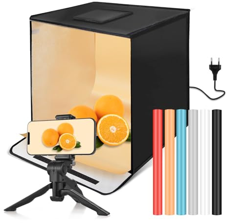 Andoer Scatola luminosa fotografica 60 x 60 x 60 cm pieghevole Studio fotografico, 3200K-5500K Dimmerabile Scatola Fotografica con 6 Sfondi per Fotografare Prodotti Gioielli/Cosmetici/Alimentari