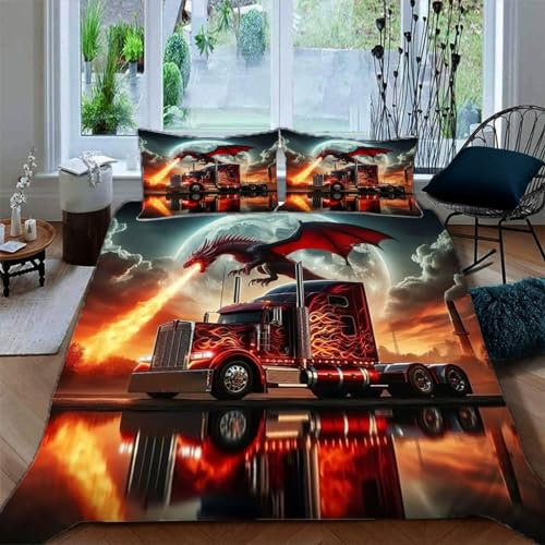 Ruiqieor Bed Linen 135 x 200 cm, Pterodactyl Truck Motif Duvet Covers 3-Piece Microfibre Cotton Duvet Cover with Zip and 2 Pillowcases for Boys Girls Comfort (#5)