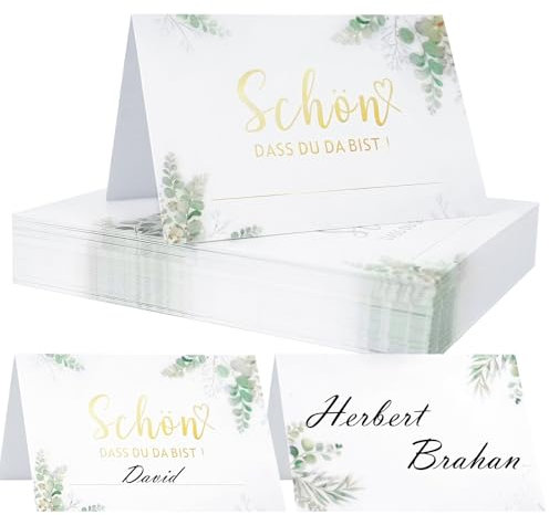 Tischkarten Geburtstag, 50 Stück Tischkarten Hochzeit mit Elegantes Design Schön, DASS Du da bist! Namenskarten Platzkarten Tischkarten Eukalyptus für Hochzeit Geburtstag Konfirmation Kommunion Taufe