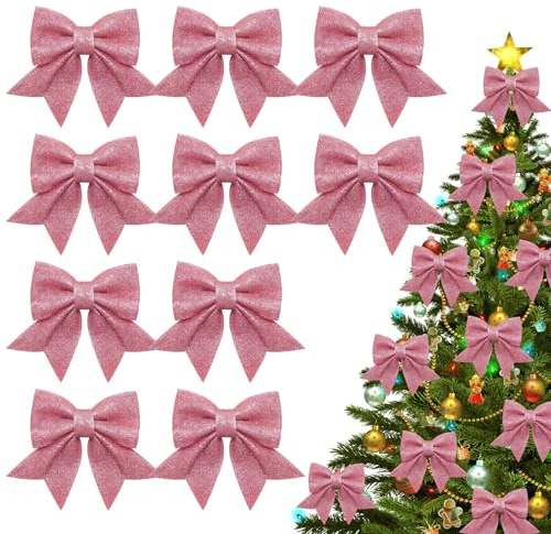 10 Pezzi Fiocchi di Natale, 15x14cm Glitterati Fiocchi per Albero di Natale, Fiocchi di Natale per Albero, Fiocchetti Piccoli per Decorazioni, per Albero di Natale Appeso, Decorazione Regalo (Pink)