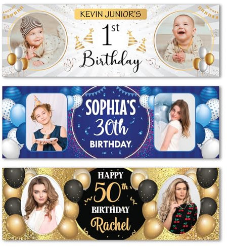 Personalised Birthday Banner with Photo – 1x3 FT | Custom Birthday Decoration | Party Banner for Him or Her -