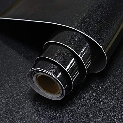 Timeet Self Adhesive Wallpaper Black Glitter Effect Sticky Back Plastic Paper Glossy Kitchen Vinyl Wrap Waterproof Peel and Stick Wallpaper Black Vinyl Film Kitchen Countertops Covering 40x1000cm