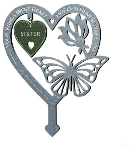 Elegante targa commemorativa a forma di cuore con farfalla per giardino e tomba (sorella)