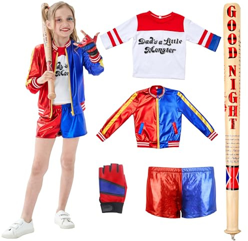 Udekit Costume Cosplay da Super Eroe con Mazza da Baseball in PVC Morbido, T-Shirt, Giacca, Pantaloni e Guanti per Harley Bambino Adolescente Ragazza X-Large