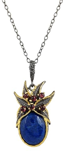 AZURFA Lapis Lazuli & Garnet Pendant – 925 Sterling Silver, Unique Gemstones, 41mm x 16mm, 7.9g, Bold and Beautiful Necklace, Ideal Gift