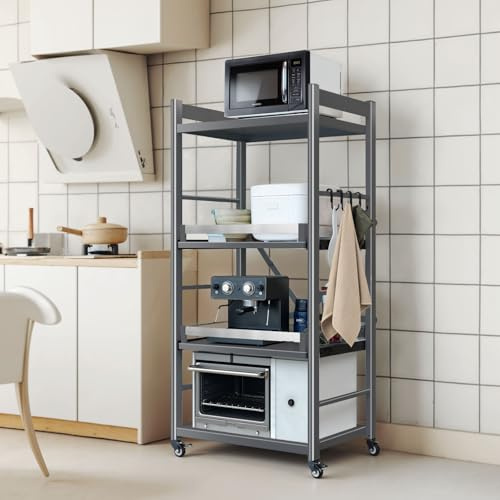 quolliter Standregal Küchenregal aus Kohlenstoffstahl, 200kg Tragkraft, 4 Etagen Schmalregal mit Rollen & Arbeitsplatte, Stehendes Regal ohne Bohren für Küche, Wohnzimmer, Badezimmer，grau