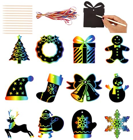 Penitue 36pcs Pièces de Carte à Gratter Noël, Magique Papier à Gratter avec Rubans Fournitures de Bricolage pour Noël l'Hiver la Maison les Fenêtres les Murs Décoration
