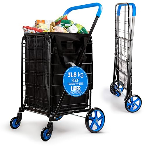 SereneLife Foldable Shopping Trolley with Wheels - Heavy Duty Folding Grocery Cart with Removable Weatherproof Liner, 4 Wheel Swivel Trolley for Shopping Laundry and Luggage, 31 kg Capacity (Blue)
