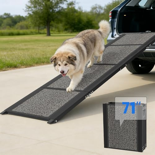 Dog Ramp for Car 71 L x 17 W, Foldable Pet Ramp for Large Dogs with Non-Slip Rug Surface, Portable Dog Car Ramp for SUV, Truck & Vehicle, Heavy-Duty Aluminum Pet Loading Ramp Supports 250 lbs