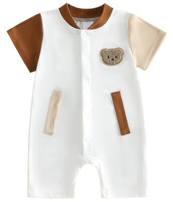 JCOPLY Newborn Baby Boy Summer Romper Bear Embroidery Contrast Color Short Sleeve Button up Stand Collar Bodysuit Soft Infant Jumpsuit One Piece Outfit (Multi-color, 3-6 Months)