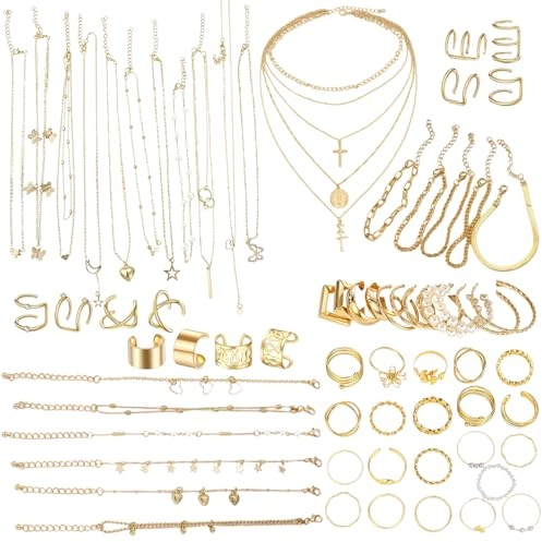 UJBVCX 73PCS Parure Bijoux Femme, Bracelet Femme, Bagues, Collier Femme Or, Ear Cuff, Boucles d'Oreilles Créoles, Lot de Fantaisie Bijoux Réglable