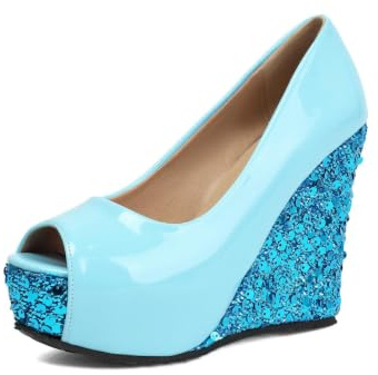 Genérico Zapatos Tacón Cuña Lentejuelas Mujer Punta Abierta Plataforma Sandalias Verano Charol Metálico Brillo Elegantes para Ropa De Noche Fiesta,Azul,43 EU
