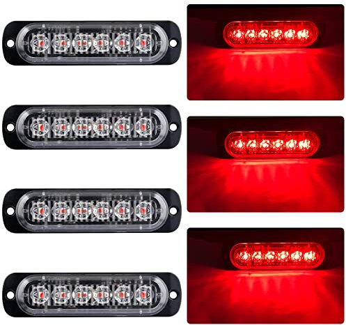 4 Unids Ultra Thin 6 LED Luces de Advertencia de Emergencia Peligro Estroboscópico Intermitente Luz Universal para 12-24 V Coche Vehículo Camión Remolque Caravana Motocicleta Van(Rojo)