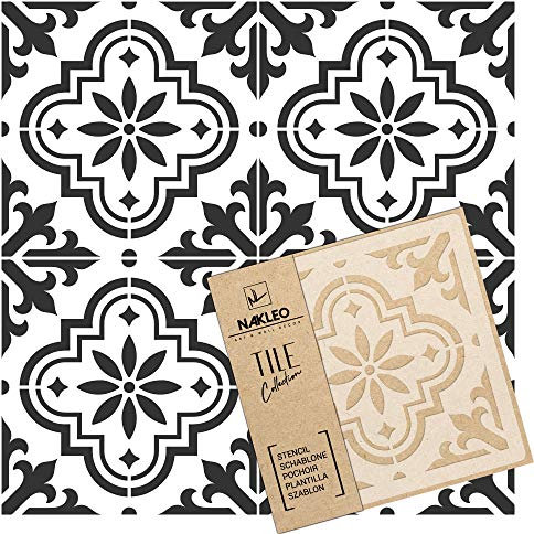 NAKLEO Plantilla de plástico reutilizable Valetta Tile - 10x10cm - Morisco Floral Español - Geométrico marroquí - Adoquín Bloque Concreto Piso Pared Pintura Plantilla Madera