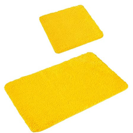 PANA® 'Florenz' Badteppich Set • Flauschige Vorleger für Badezimmer und WC • Waschbare & rutschfeste Badematten • Bad Set 45 x 45 cm ohne WC-Ausschnitt + 50 x 80 cm • Farbe: Gelb