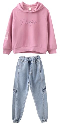 amropi Filles Ensembles Pantalon et Haut Sweats à Capuche Survêtement Jeans Jogging Vêtement Rose, 13-14 Ans