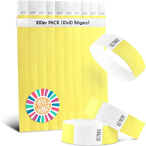 FARBEN BANDE® 100 Einlassbänder Neon Gelb/Eintrittsbänder 19mm aus Tyvek/Party Bändchen reißfest, wasserdicht und nummeriert/farbige Partybänder/Einlassbändchen für Party, Festival & Feste