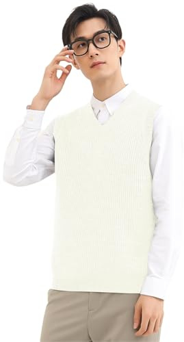Men's V-Neck Sweater Vest | 50% Acrylic 30% Nylon 20% Wool Blend | Anti-Pilling & Anti-Static | Lightweight Thermal Sleeveless Pullover for Casual & Formal Outfits_White_XXXX-Large