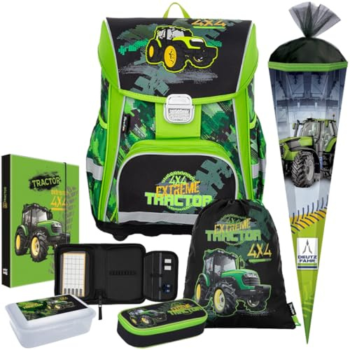 Generisch Traktor - Bulldog - Oxy Bag Premium Schulranzen-Set 7tlg. mit Schultüte Brotdose Etuibox - Heftbox A4 Gratis