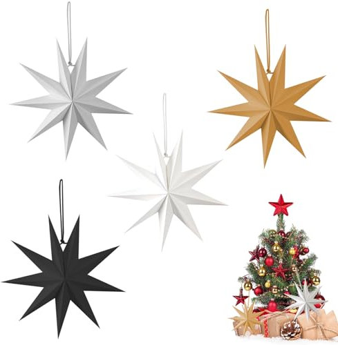 Stelle di Carta Natale, shallyong 4 Pezzi Stelle di Carta 3d, Paper Star 30cm, Decorazione Natale, per Matrimoni, Compleanni, Feste, Baby Shower(Bianco, Nero, Grigio, Colore del legno)